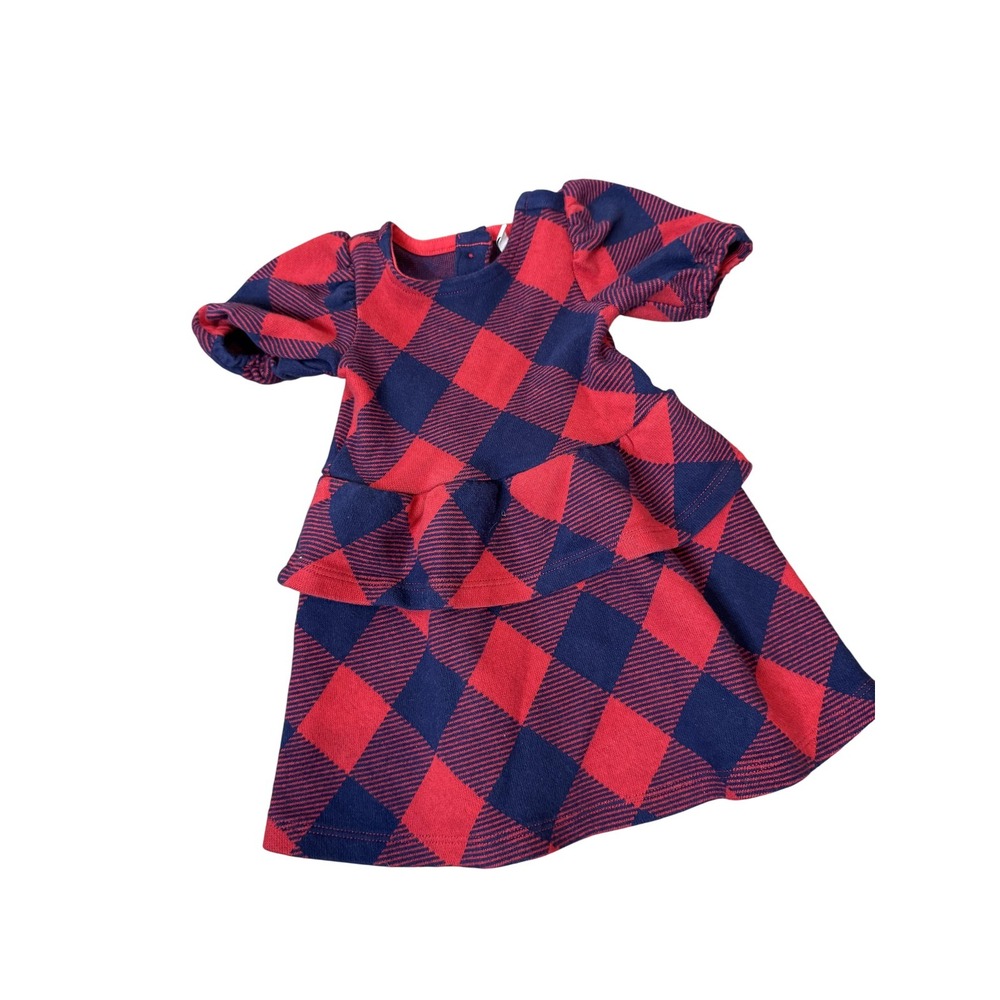 Janie and Jack Dress Girls 6-12 Months Red Navy Plaid Peplum Ruffle Puff Sleeve